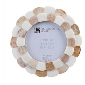 Handicrafts Home Scalloped Bone Inlay Picture Frame 4x4  Handmade Round Decorative Photo Frame, Brown & White Boho Desk & Shelf Decor, Vintage Style Small Frame for Nursery, Home Styling & Gift