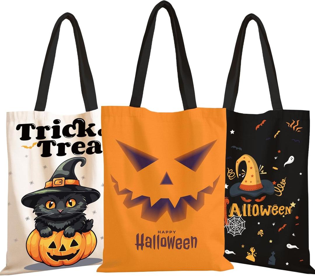 TYL&TYS Halloween Treat Bags, 3Pcs Trick or Treating Bags, Halloween Candy Canvas Tote Gift Bag, Reusable Grocery Boo Basket for Kids