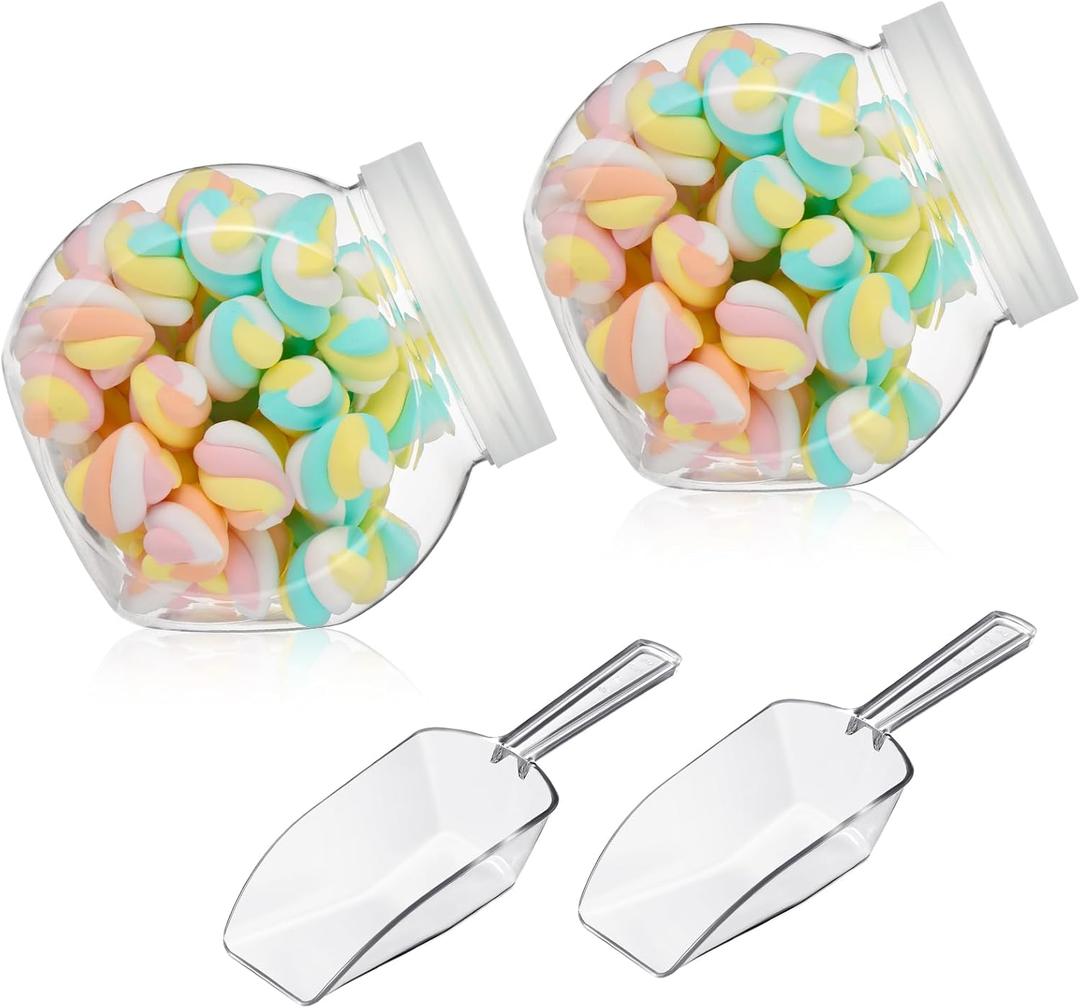 Umigy 2 Sets Plastic Candy Jar with Mini Plastic Scoop 42 oz Clear Cookie Jars with Lids Candys Container Airtight Storage Organization for Candy Buffet Wedding Home Kitchen Counter