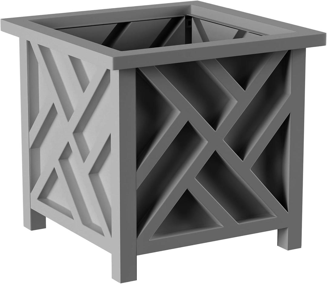 Lattice Design Outdoor Planter Box - 14.75” Square 13” Tall Gray Plant Pot - Decorative Plant Pots for Front Porch Decor - Flower Pots Outdoor Planters for Porch Patio or Garden Decor by Pure Garden