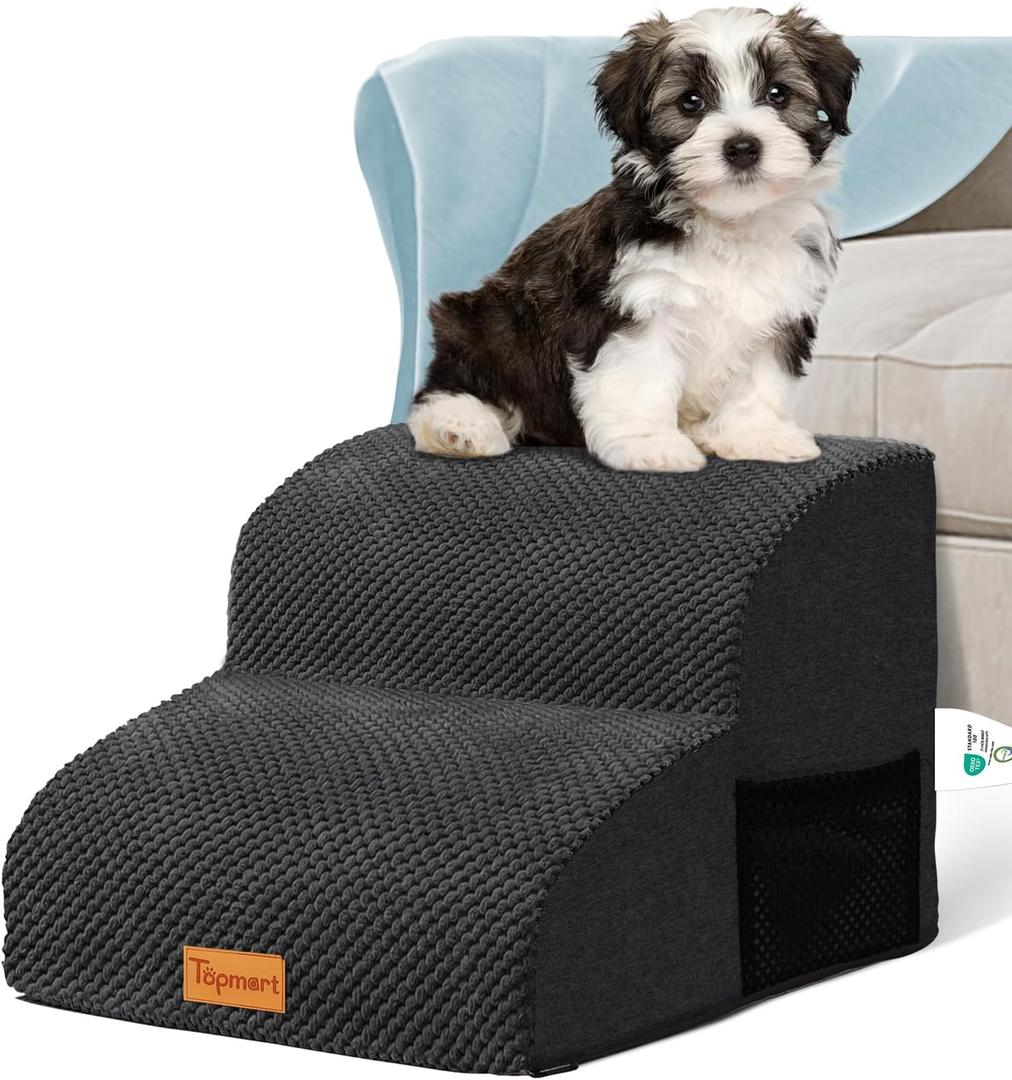 Topmart High Density Foam Pet Steps 2 Tiers,11.8" High,Non-Slip Dog Stairs,Soft Foam Dog Ramp Ladder,Best for Injured,Older Cats,Pets with Joint Pain,Suitable for Low Sofas,Stairs,Lower Place (Black)