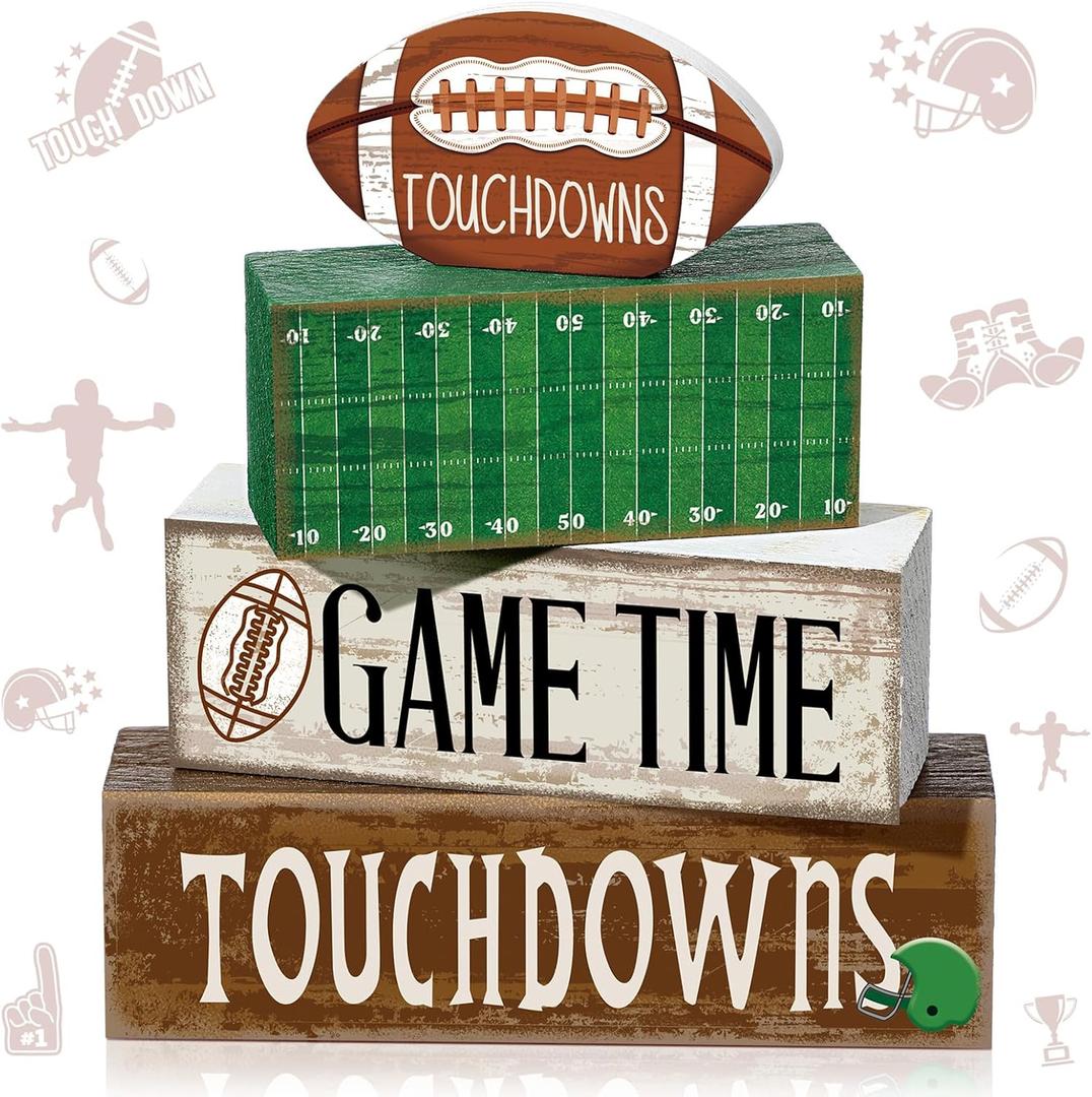 4 Pcs Football Table Decorations Fall Football Tiered Tray Decor Football Wooden Sign Football Centerpiece Decorative Faux Book Stack Block for Coffee Table Fireplace Mantel Floating Shelf