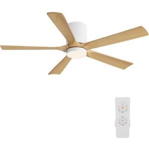 ELEHINSER Flush Mount Ceiling Fan with Lights (White+Light Wood,52")