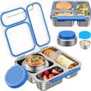 Stainless Steel Bento Box Kids Adult with 7oz Insulated Food Jar, Transparent Lid Metal Lunch Box With Soup Thermal Jar, Lunch Box Container with Removable Divider & Sauce Cup School (Blue)