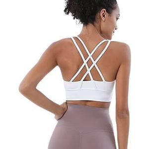 Women's Medium Support Sports Bra Criss Cross Back Strappy Yoga Bra with Removable Pads Seamless Comfort Fit (White)