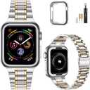 MioHHR Solid Stainless Steel Band Compatible with Apple Watch 42mm(Series 3/2/1) 44mm(Series SE/6/5/4), Metal Strap with Soft TPU Case for iWatch Bands for Women and Men, Silver/Gold