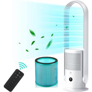 U ULTTY Bladeless Tower Fan and Air Purifier in one, True HEPA Filter 99.97% Smoke Dust Pollen Dander, Oscillating Tower Fan with Remote Control CR022D, White (Large)