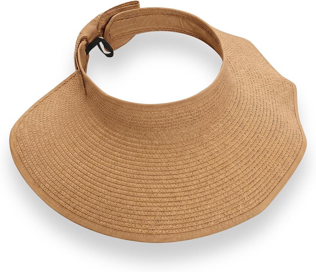 Fumwase Sun Visors for Women Straw Beach Hat Foldable Straw Wide Ponytail Summer Hats Adjustable Cooling Summer Cap for Travel (Khaki)