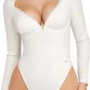 Popilush Lace Shapewear Bodysuit Long Sleeve Body suits Womens Deep V Neck Tummy Control Corset Top Trendy Going Out Tops (L10-12, White)