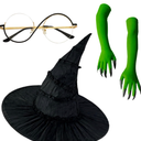 Halloween Witch Costume Set – Witch Hat, Green Claw Gloves & Glasses – 4pcs Dress-Up Kit for Cosplay & Party Fun