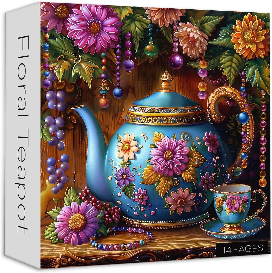 Vintage Teapot Puzzles for Adults 1000 Pieces, Larkipuzz Teacup Jigsaw Puzzles Flower Beaded Art, Hard Difficult Tea Time Theme as Home Decor