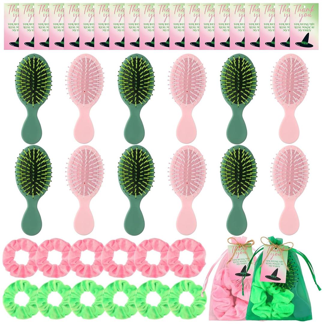 Meanplan 12 Set Pink Green Witch Party Favors Gifts Mini Hairbrush Hair Scrunchies with Cards and Bag for Birthday Party Supplies