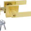 JO.KO Golden Door Handles with Lock and Keys, Brushed Golden Door Knobs, Satin Brass Door Handle Set, Interior/Exterior Door Lever for Bedroom Bathroom, Front Doors (1 Pack)