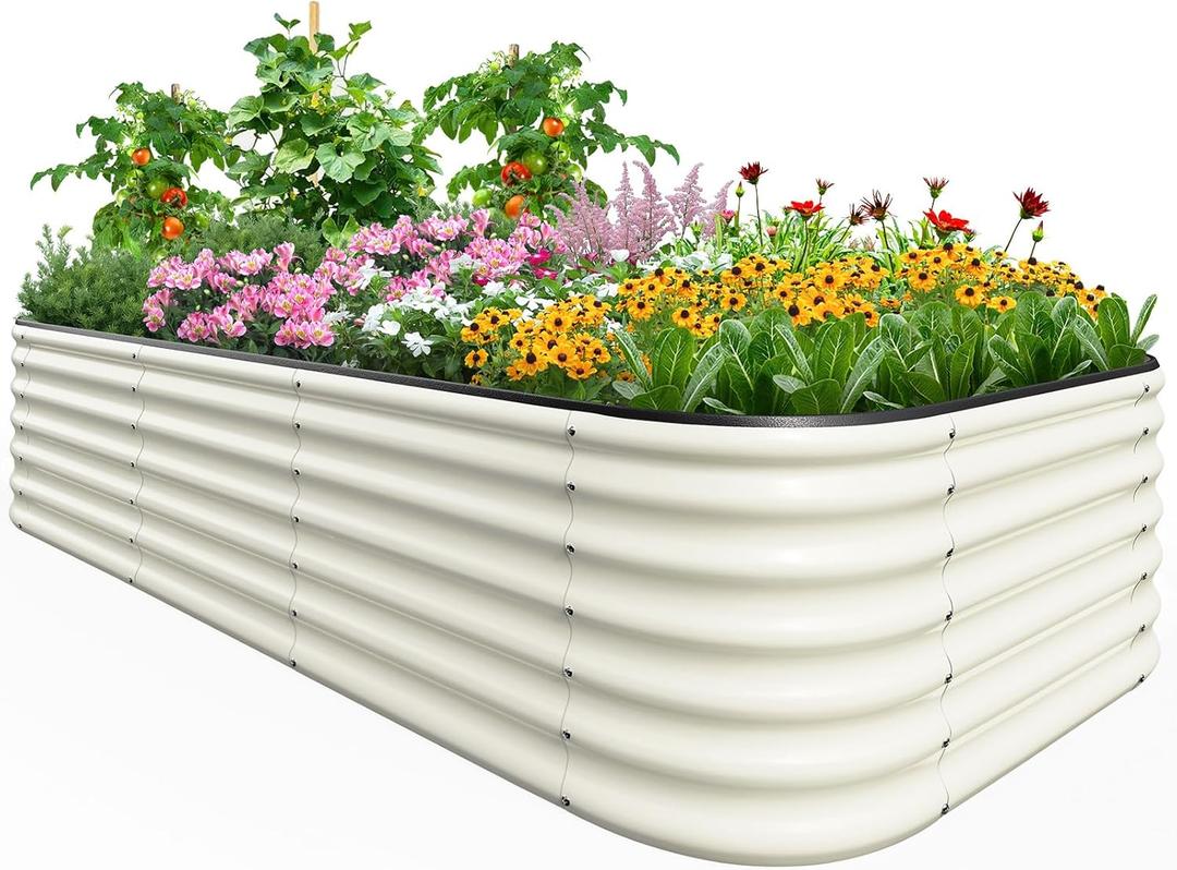 Quictent Galvanized Tall Raised Garden Bed Kit, 8x4x2 ft Oval Large Planting Box Rubber Strip Edging, for Vegetables Outdoor Strengthened by Crossbar (Beige) 