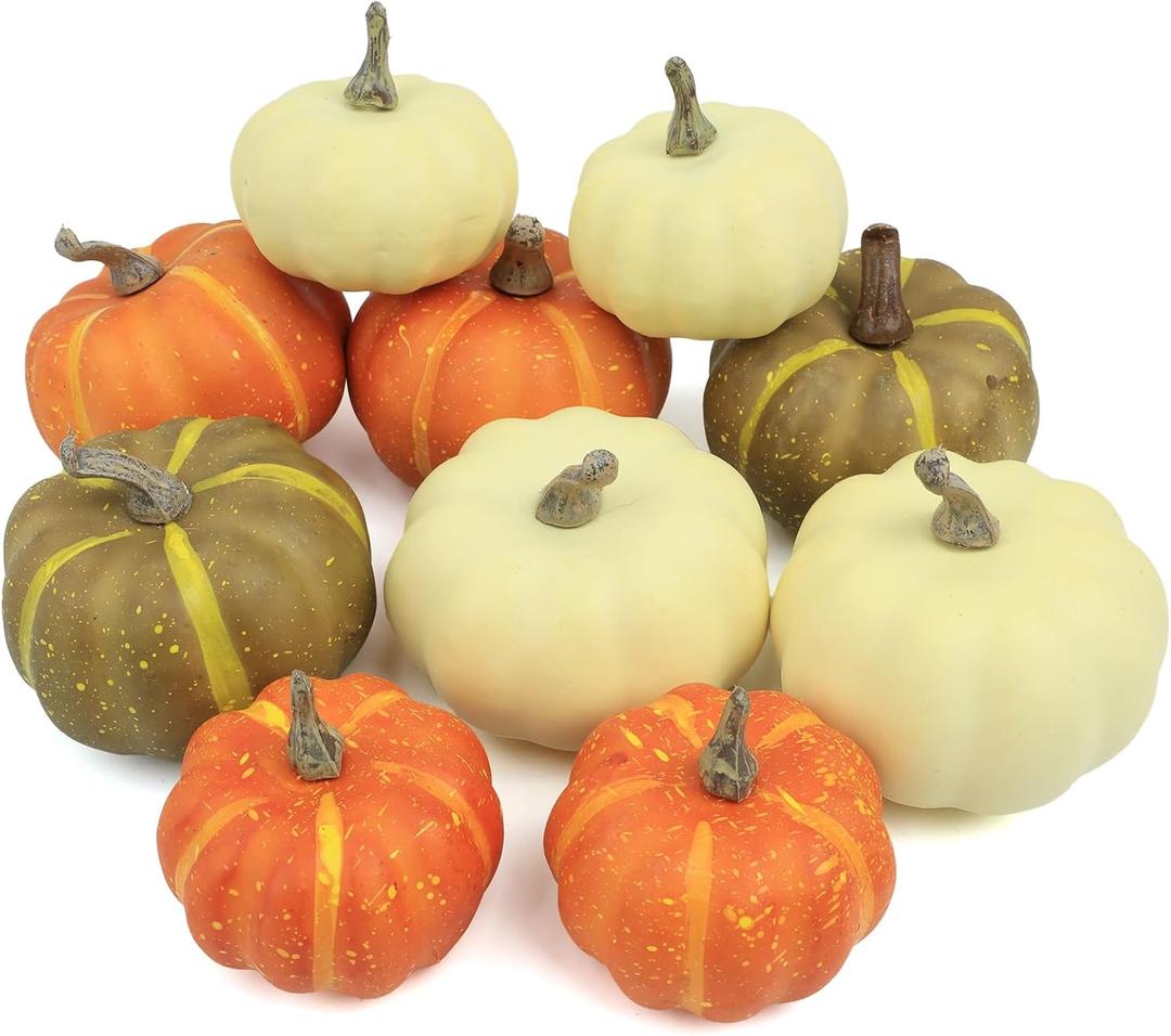 10Pcs Fake Pumpkins Fall Thanksgiving Decorations,Assorted Colors Plastic Pumpkins Home Decor, Artificial Mini Pumpkin for Decorating Autumn Harvest Outdoor Indoor Decor Centerpiece Table Decorations (Style-9 10pcs)