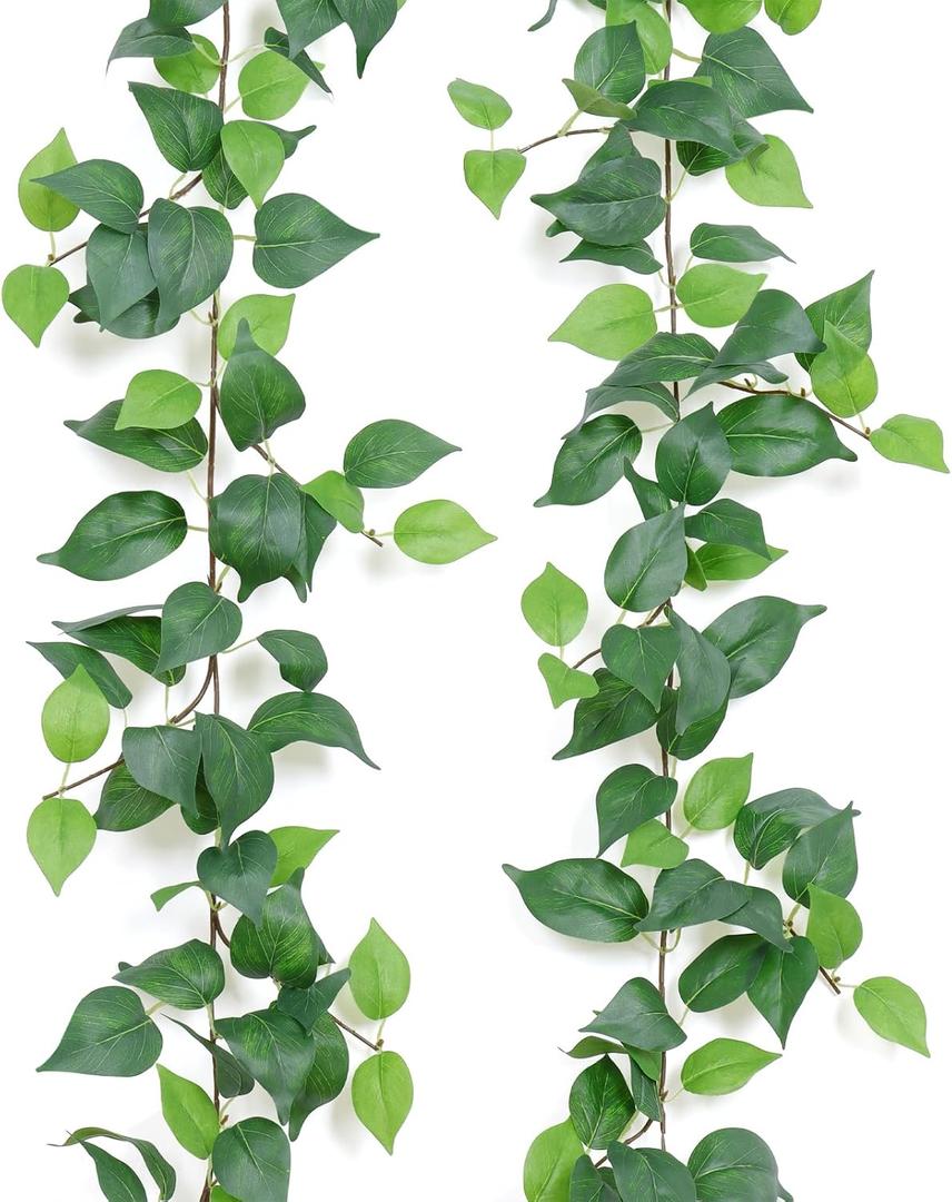 Dremisland 2 Strands Artificial Scindaps Vines Garland 6.7ft Fake Vines Ivy Garland Silk Green Leaves Faux Hanging Plants Greenery Decoration for Bedroom Wall Patio Party Wedding Decor (Ivy, 2PCS)