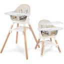 6 in 1 Baby High Chair, Convertible Wooden High Chairs/Booster Seat for Babies and Toddlers, Baby Feeding Chair with 5-Point Harness/Double Removable Tray & Adjustable Footrest (Beige) (Khaki)