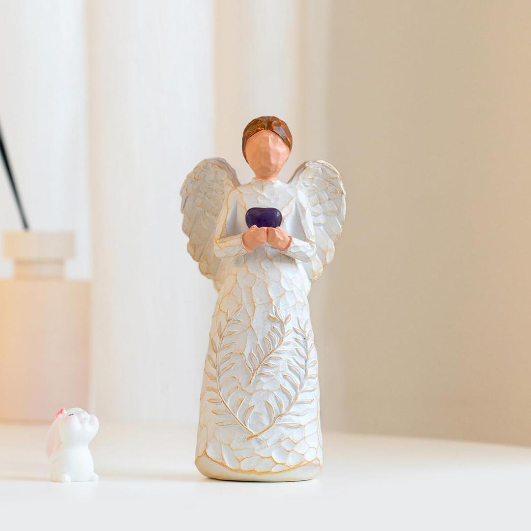 Resin Angel Statue 6.1 Inch - Holding Purple Crystal Heart Figurine, Handcrafted White Angel Sculpture for Home Decor, Sympathy Gift, Healing Angel for Women, Thanksgiving & Christmas Decorations.