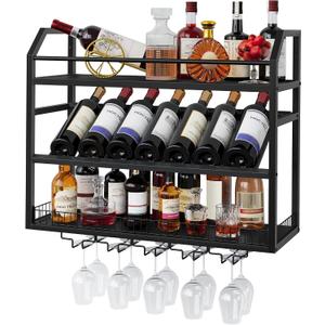 Hoctieon Wall Mount Wine Rack, Wall Mounted Wine Bottle Rack for Display and Storage, Hanging Bottle Holder, for Living Room, Dining Room, Bar, Wine Cellar, Black