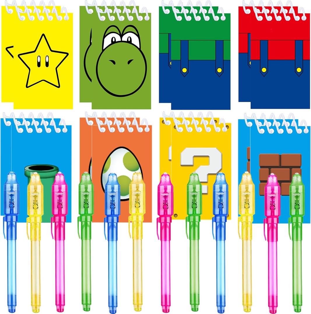 24 Pcs Super Bros Party Favors | Set of 12 Invisible Ink Pen and 12 Super Bros Mini Notepads | Gift Bag Stuffers for Super Bros Party Supplies