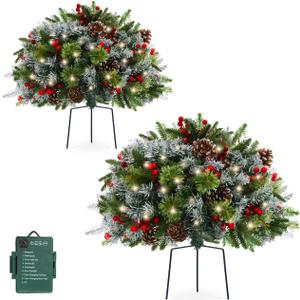 2 Packs 18in Frosted Outdoor Christmas Trees, Prelit Battery Operated Fake Xmas Tree Holiday Decor with 20 Red Berries, 10 Pine Cones, Tripod Stake, Multi-color & WW Waterproof String Lights