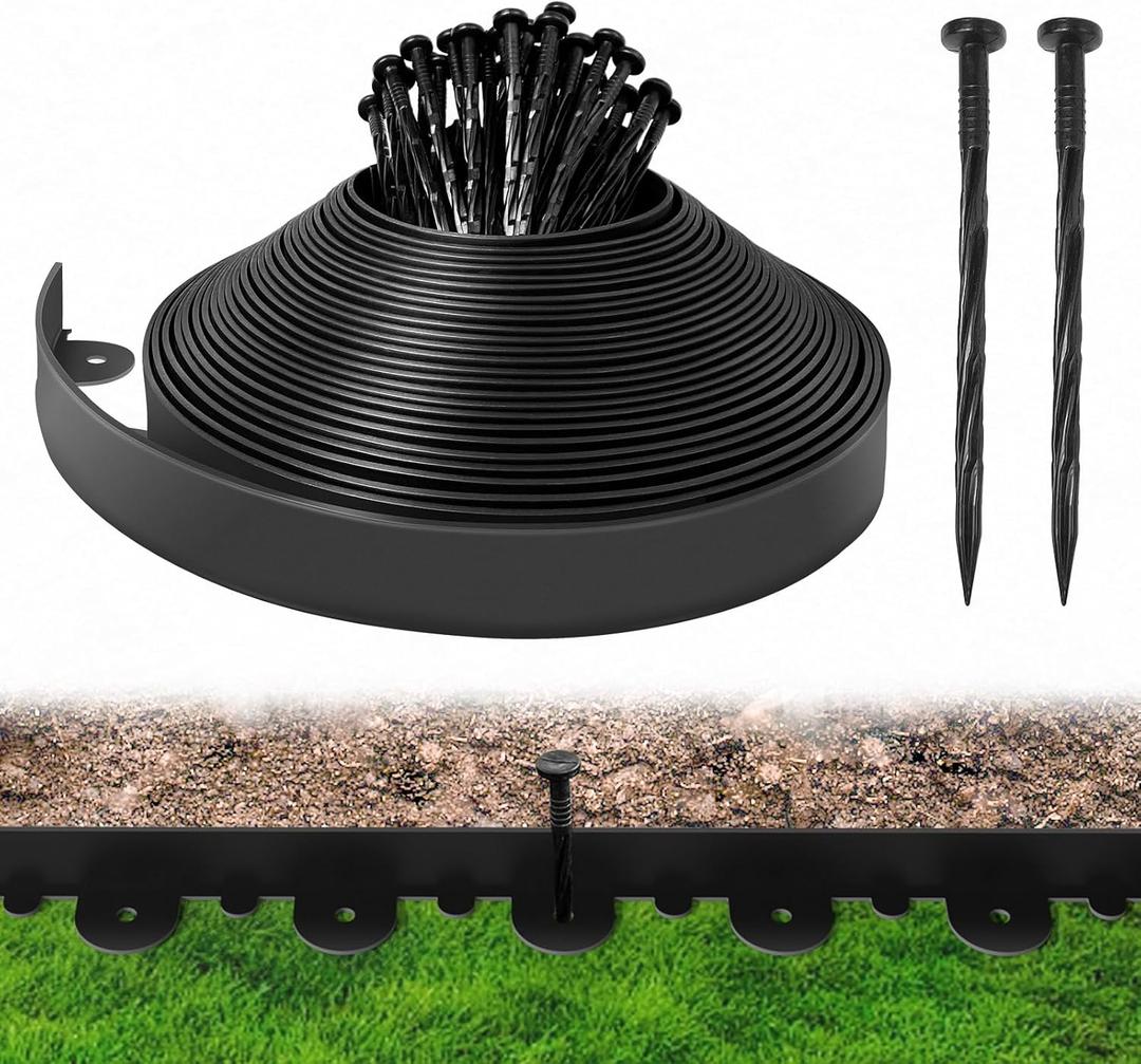 Landscape Edging, RIFNY 4" x 66 FT Garden Edging Border with 60 Spikes Cuttable Flexible, Plastic No Dig Edging Kit for Landscaping Garden Flower Beds Lawn Yard Pathway (Black) (Black 4in tall)