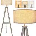 ELYONA Tripod Floor Lamp with 3 Color Temperatures LED Blub, Wood Floor Lamp with Table - Farmhouse Tall Reading Standing Light for Living Room, Bedroom, Office, Study Room, Pull Chain Controls, Grey