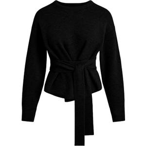 Yeokou Women Tie Front Sweater Soft Loose Long Sleeve Crew Neck Belt Knit Pullover Top Office Dressy (Black, XL)
