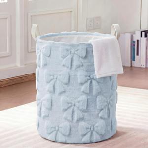 Blushtier Blue Bow Laundry Hamper Girls Room Decor Coquette Bow Plush Faux Fur Basket Kids Storage Basket Collapsible Organize Bins for Gifts Toys Blanket Clothes Nursery Bedroom (1 Pcs)