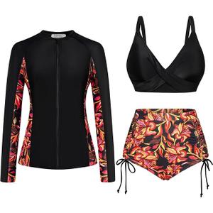 JASAMBAC Women 3 Piece Rash Guard Long Sleeve Zip Up Swimsuits with Boyshort UV UPF 50+ Swim Shirt Built in Bra (Medium, Black-orange Flower)