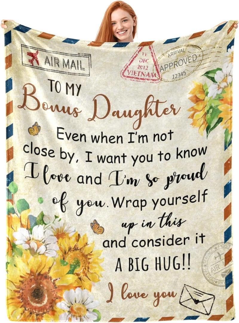 Bonus Daughter Gifts BlanketBirthday Gift for Bonus Daughter, Stepdaughter Gifts from Stepmom, Mothers Day Throw Blankets 50" X 60"