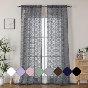 Aiyufeng Extra Long Grey Sheer Curtains 96 Inches Long for Bedroom 2 Panels Set, Farmhouse Wavy Line Light Filtering Clip Jacquard Solid Voile Living Room Curtains, Dual Rod Pocket, 40" Wx96 L Inches