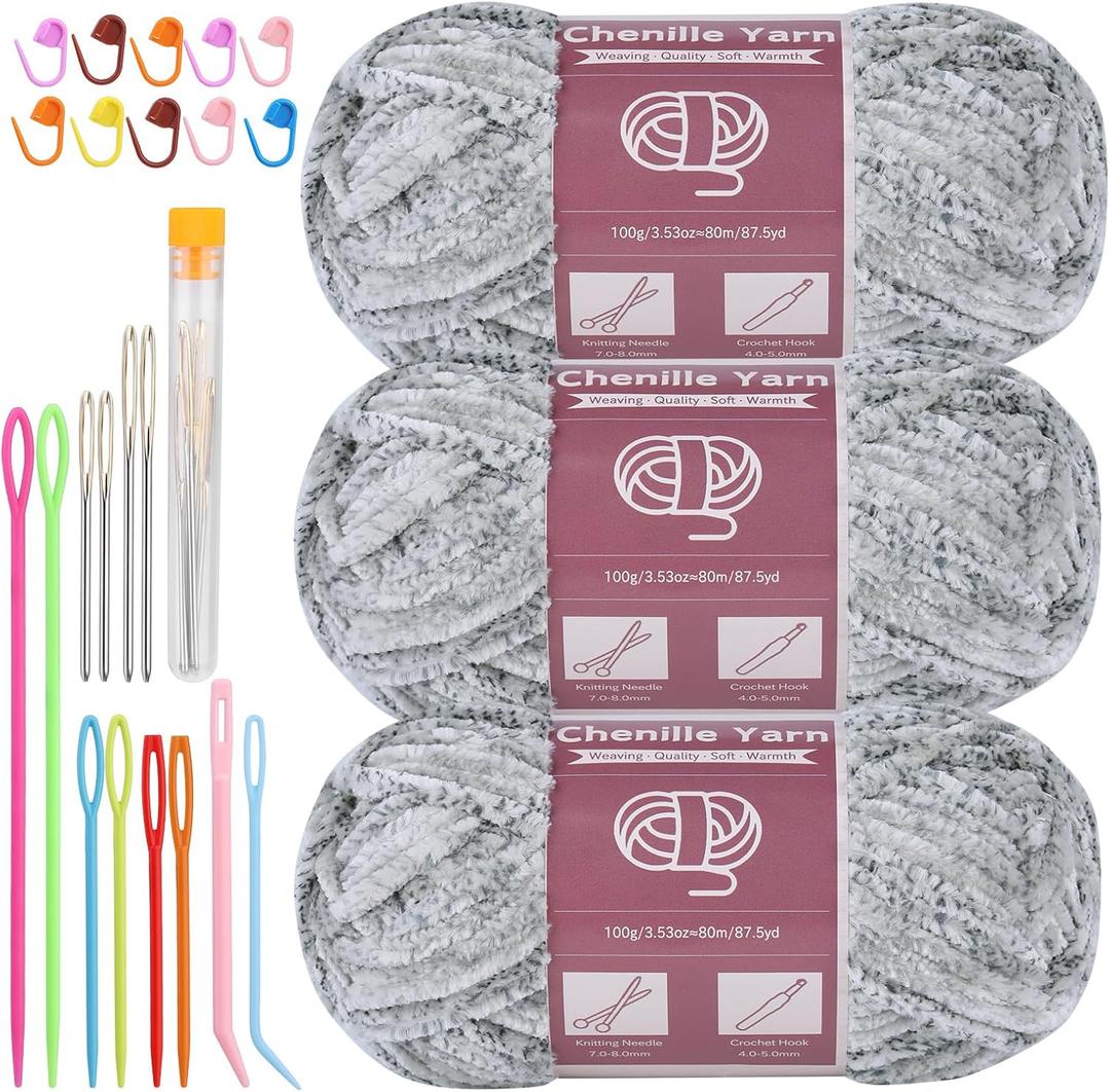 Chenille Yarn for Crocheting Knitting, 3 Skein 10.58 oz / 263 Yard Thick Soft Chunky Fluffy Weaving Plush Yarn for Blankets Clothes Pattern with Big Eye Needles (Gray Ink Gradient) (Gradient Color)