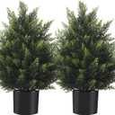 2FT Artificial Cedar Topiary Tree Lifelike Faux Cedar Pines Christmas Trees UV Rated Faux Shrubs Everygreen Plants for Front Porch Outdoor Decor Set of 2
