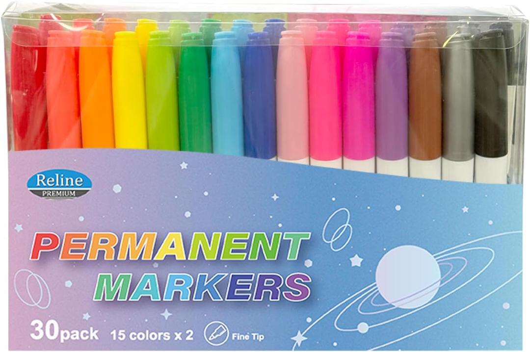 30 Pack Permanent Markers, 15 Colors Fine Point Colorful Permanent Marker, Works On Paper, Glass, Fabric, Metal, Wood Crafts, Good for Coloring and Painting