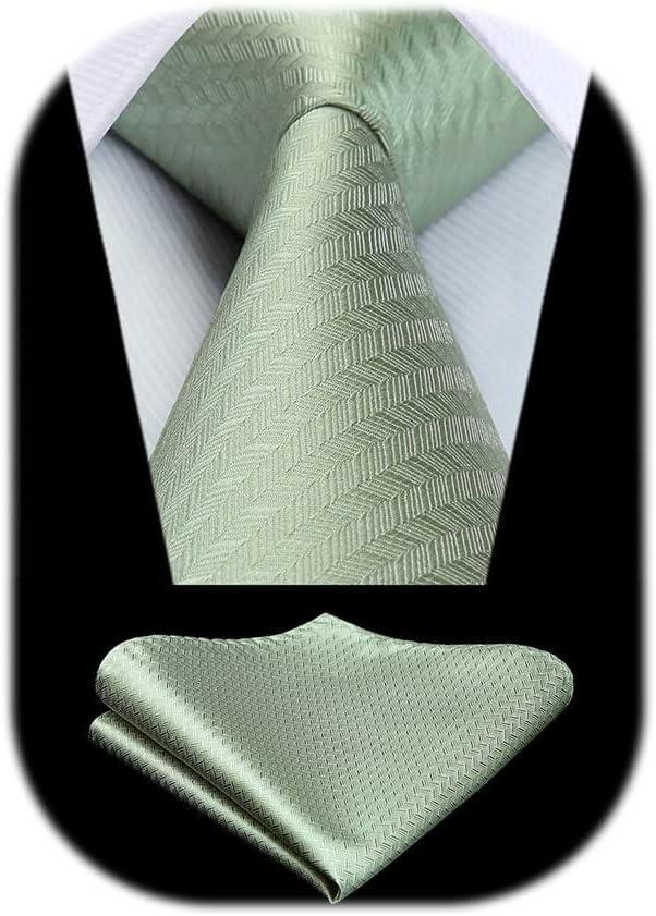 HISDERN Ties for Men Solid Houndstooth Neckties Handkerchief Formal Business Tie & Pocket Square Set Wedding Party (Green)