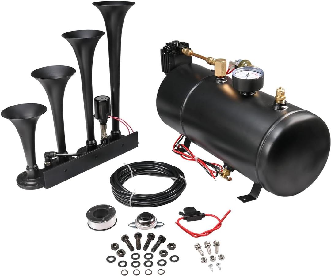 4 Trumpet Train Horn Kit for Car Truck Pickup Semi Jeep RV SUV 12v Complete Onboard System 150psi Air Compressor 1 Gallon Air Tank 4 Trumpets Super Loud dB