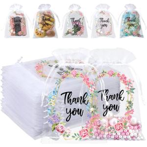 Hoolerry 200 Pcs Thank You Gift Bags Wedding Sheer Organza Bags with Drawstring 4 x 6 Inch Small Floral Candy Pouch Bulk Mesh Jewelry Goodie Pouch for Bridal Baby Shower Birthday Employee Party Favor (White)