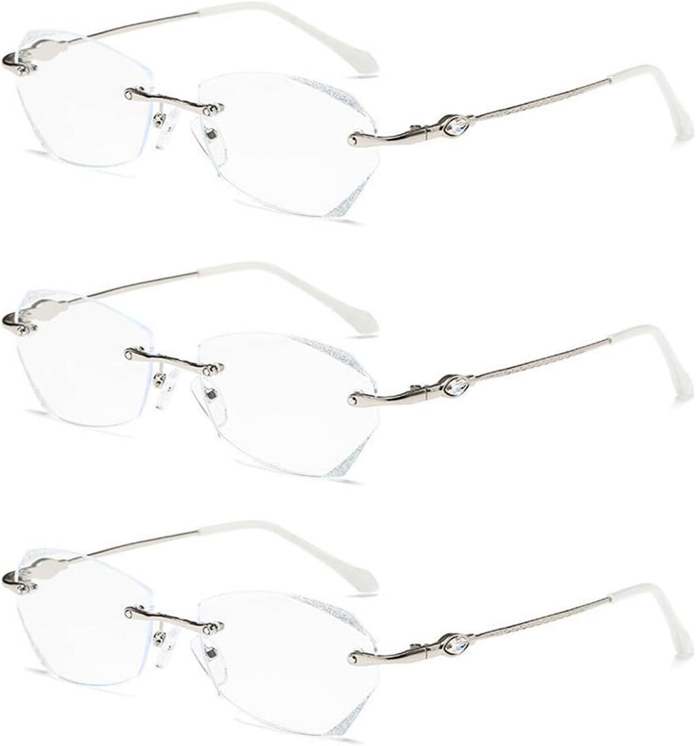 TERAISE Frameless Reading Glasses For Women With Blue Light Blocking,Fashion Diamond Cutting Rimless Eyeglasses (3pcs Silver)
