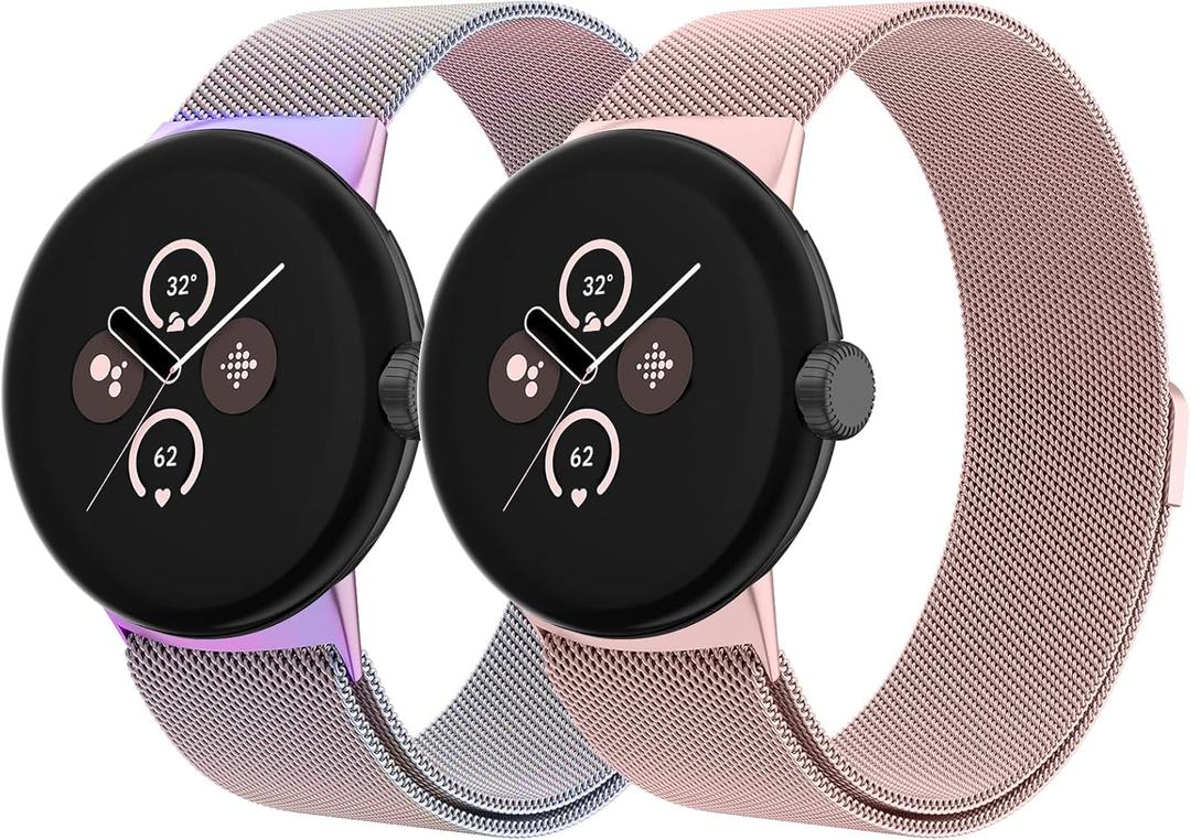 2 PACK Metal Band for Google Pixel Watch 3 41mm Bands/Google Pixel Watch 2/1 Bands Women Men, Stainless Steel Mesh Loop Adjustable Wristband Replacement Straps (Colorful/Rose Pink)