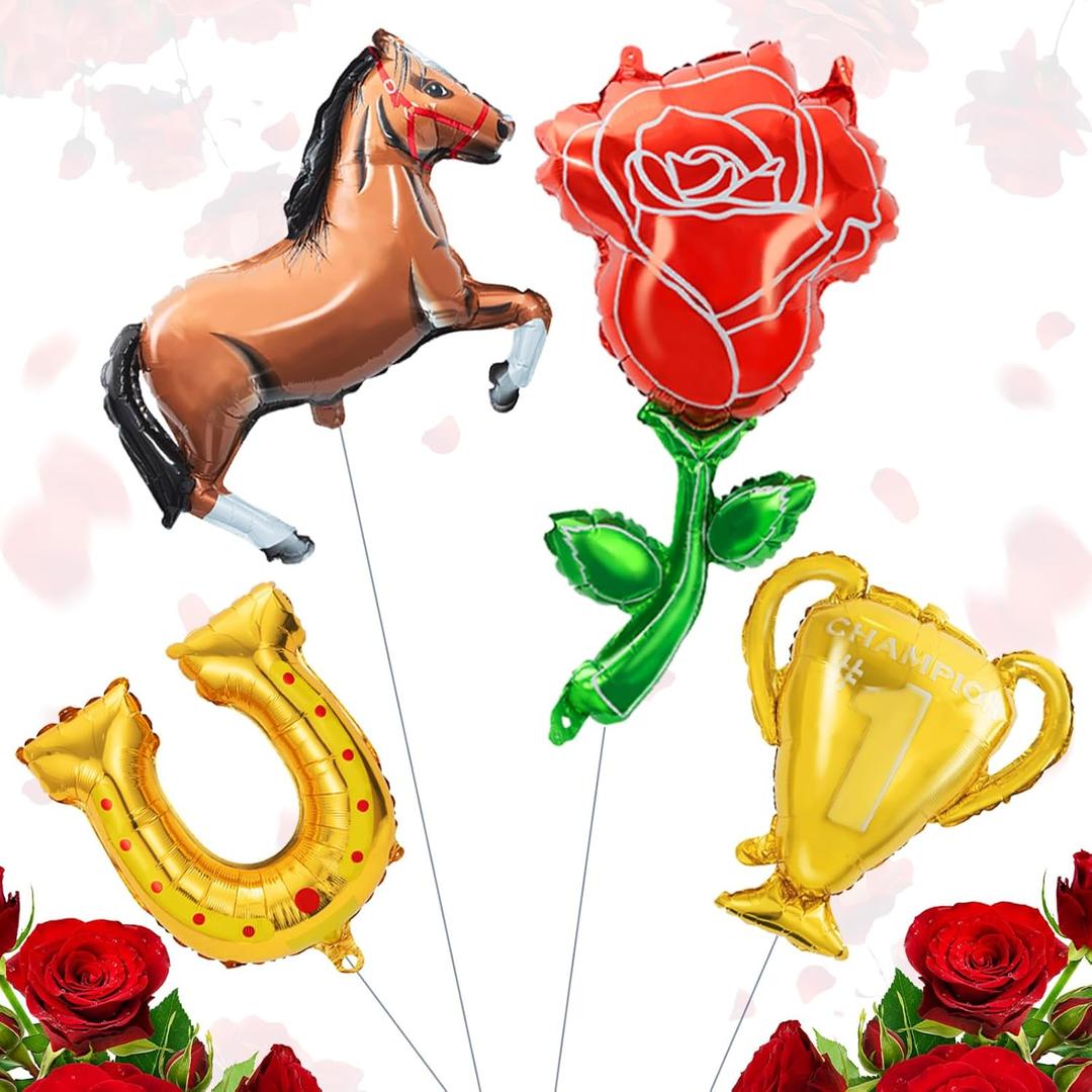 4 Pcs Kentukey Derby Balloons Set 30x28Inch Giant Western Cowboy Balloons Run for the Roses Horse Racing Decorations for Kentucky Cowboy Birthday Baby Shower Western Cowgirl Party