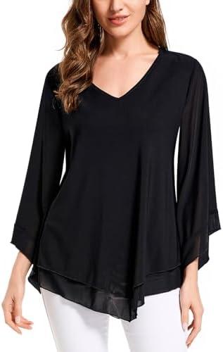 Wielsscca Women's Blouses and Tops Dressy Casual 3/ 4 Sleeve Summer Ladies Loose V Neck Double Layers Tunic Black, M