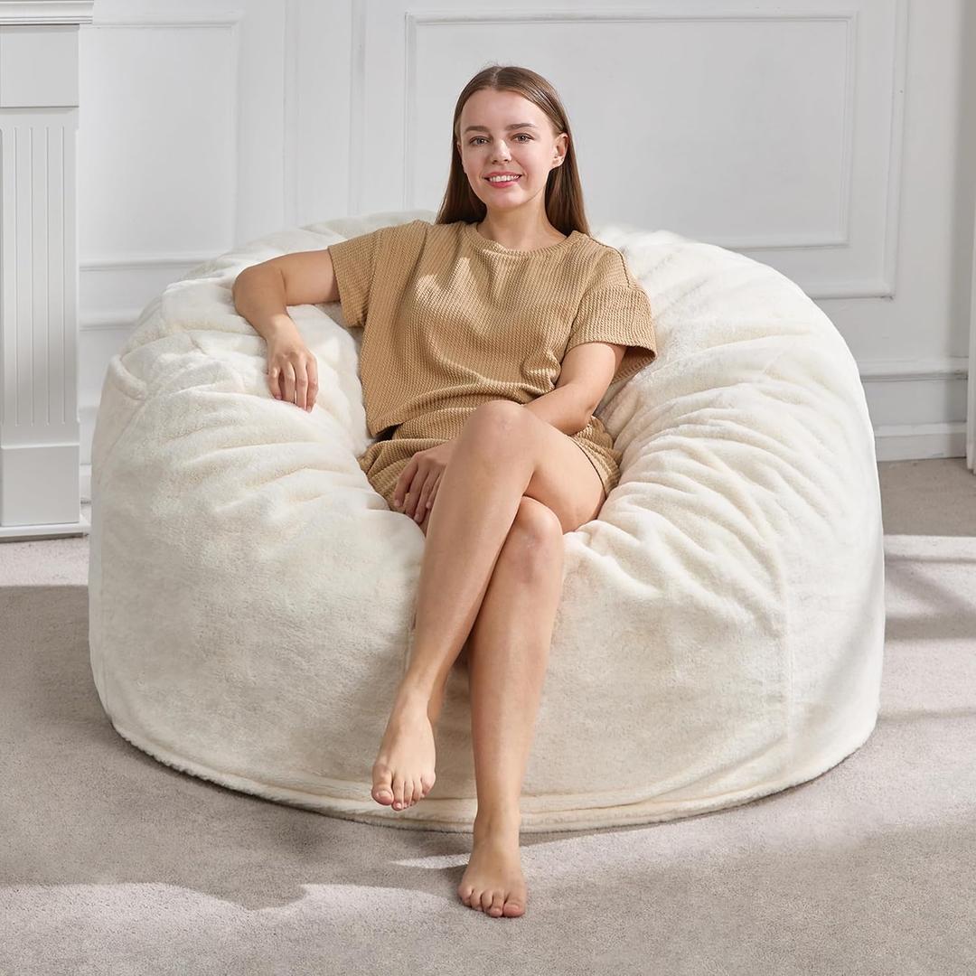 Hobestluk 4FT Bean Bag Chairs for Adults Large Beanbag Chair with Plush Faux Fur Cover Big Bean Bag Chair for Living Room Bedroom Dorm Office - White (44 x 44 x 24)