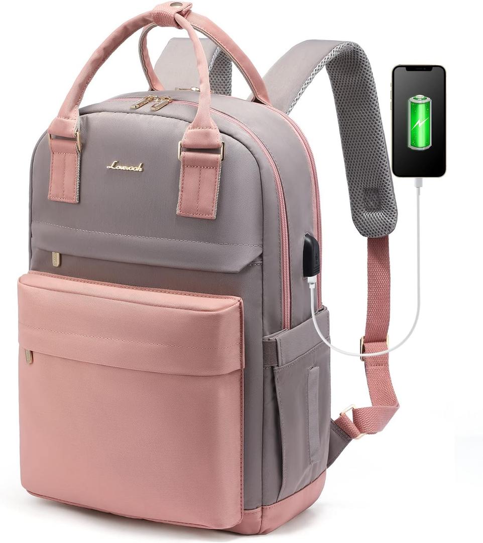 LOVEVOOK Laptop Backpack for Women 15.6 Inch Laptop Bag with USB Port, Fashion Waterproof Backpacks Teacher Nurse Stylish Travel Bags Vintage Daypacks Bookbag for College School Work (Pink & Grey)