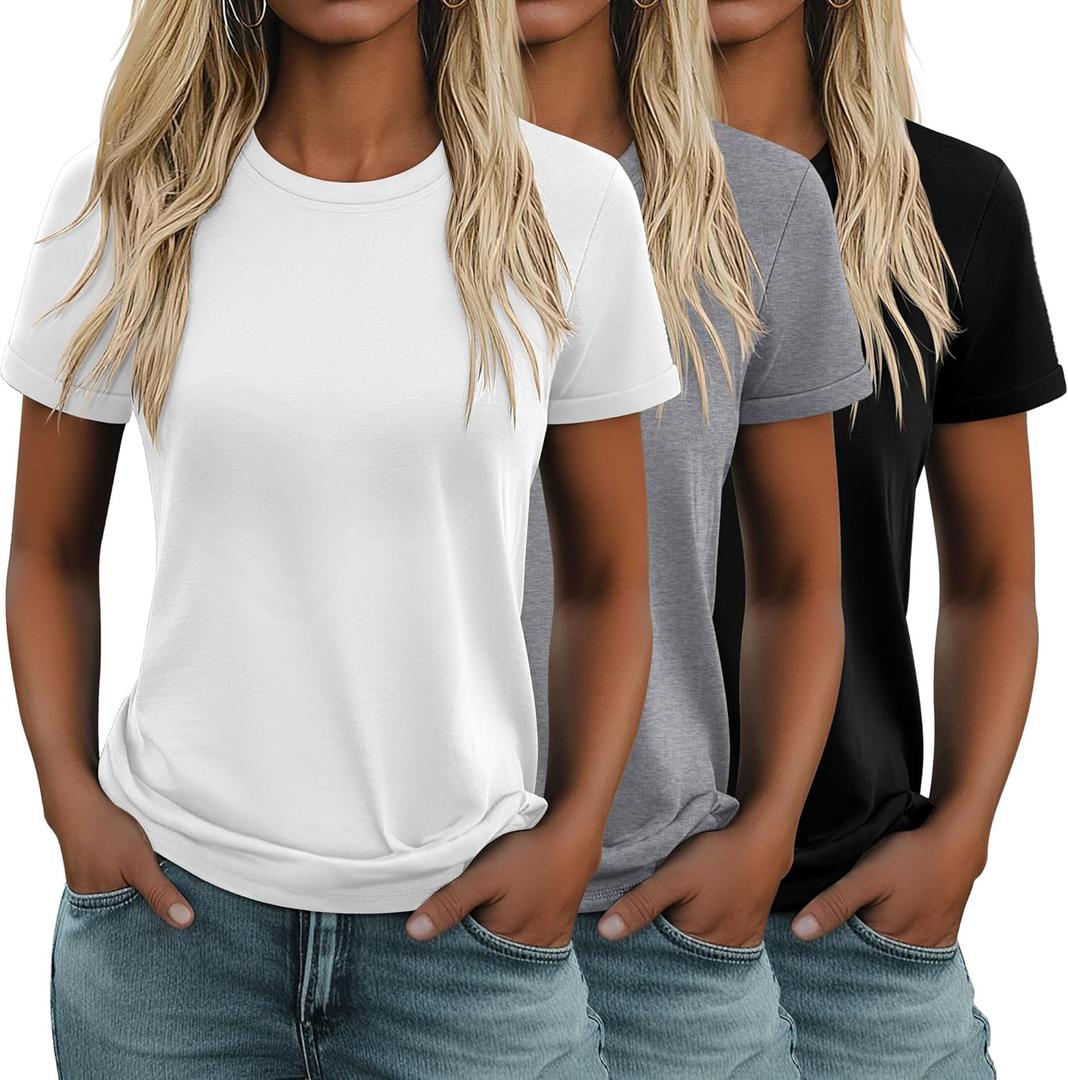 Huukeay 3 Pack Women's Cotton T Shirts Casual Short Sleeve Tunic Tops Crewneck Summer Loose Fit Plain Basic Tee (Large, Black, White, Gray)