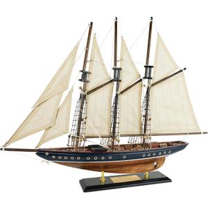 SAILINGSTORY Wooden Sailboat Model Ship Sailboat Decor 24" Schooner Atlantic 1:60 Scale Replica Blue and Walnut Antique Finish