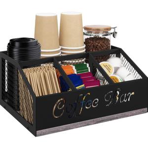 Coffee Bar Organizer for Countertop, Wooden Counter Station Organizer with Metal Mesh Basket, Coffee Bar Accessories Decor for Pods Condiment Syrup Tea Sugar, Gray