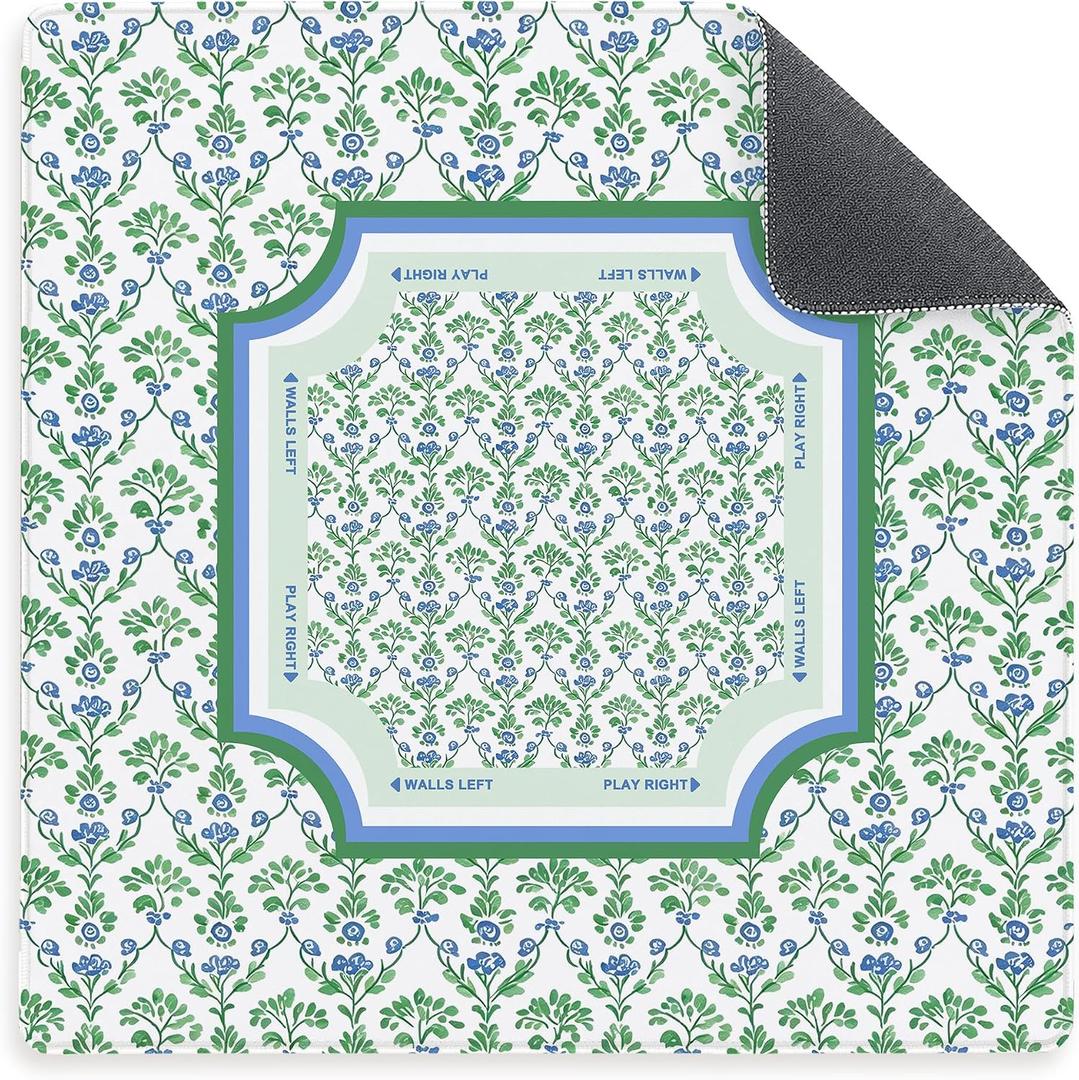Chinoiserie Green and White Floral Mahjong Mat 31.5 x 31.5 Inch, Grandmillennial Flower Non-Slip Noise Reduction Gaming Mat for American Mahjong, Poker, Card Games, Board Games and Dominoes