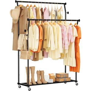 Double Rods Clothes Rack, Rolling Clothing Rack for Hanging Clothes with Hooks&Mesh Shelf, Portable Wardrobe Rack, Metal Coat Rack Sturdy Garment Rack for Bedroom Laundry Living Room Storage, Black
