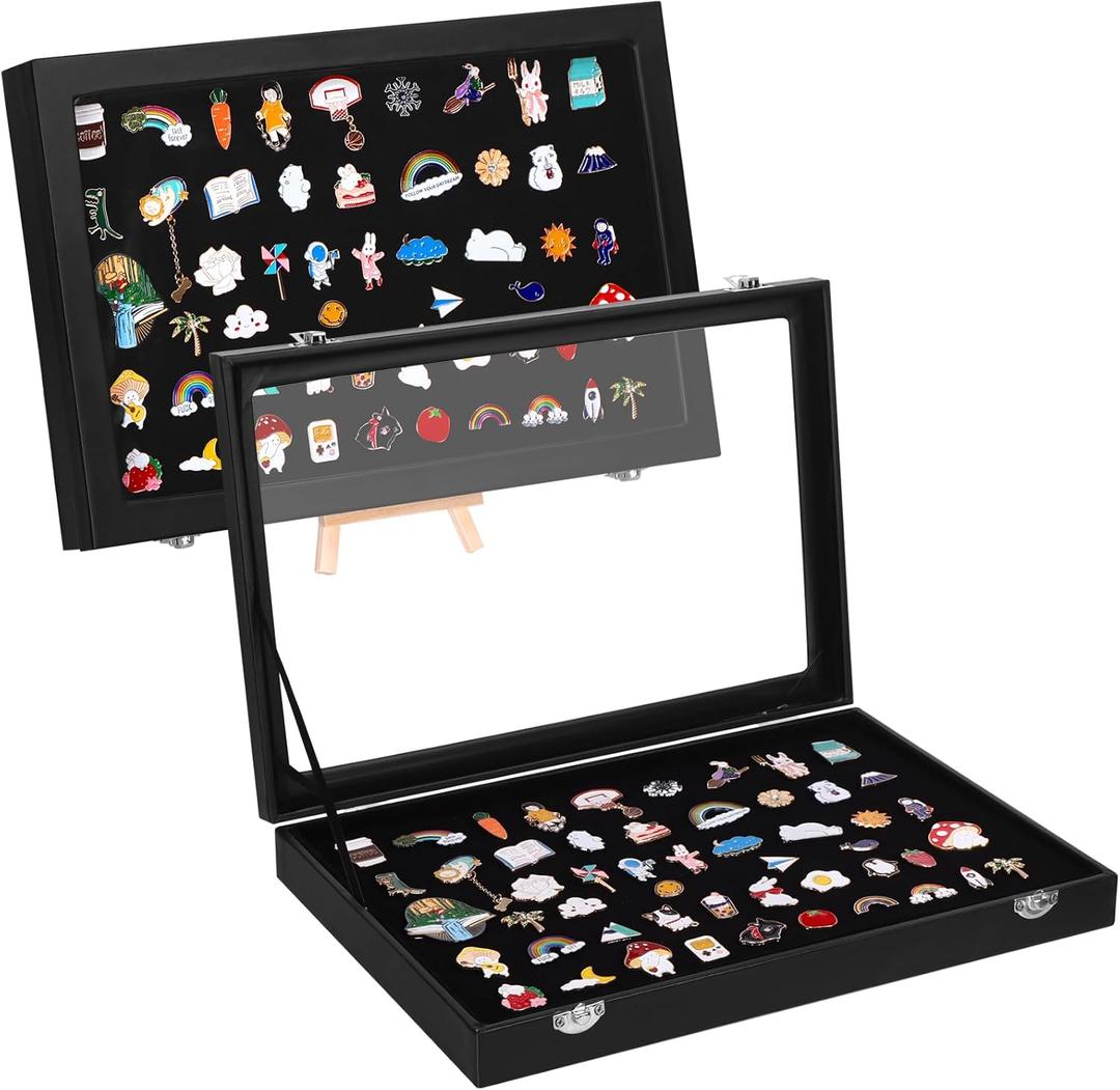 2pcs Large Enamel Pin Display Box Pin Collection Case Holder 14" X 9" Dustproof Pin Display Case Frame Jewelry Organizer Box for Military Medal Jewelry Pin Badge Rings Necklaces Bracelets